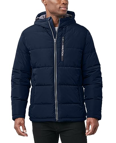 Image of Nautica Men's Midweight Quilted Faux Memory Puffer Jacket -Adjustable Hood Insulated Winter Coat