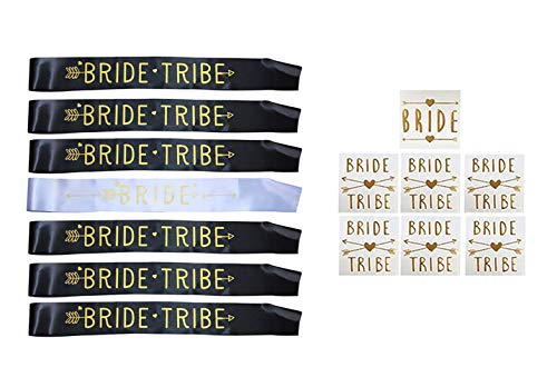 Ucity 14 Pack Bride Tribe Sashes and Bachelorette Party Flash Tattoos - 1 Pack Bride White Sash, 6 Pack Bride Tribe Black Sashes, and 7 Pack Bride and Bride Tribe Temporary Gold Tattoos