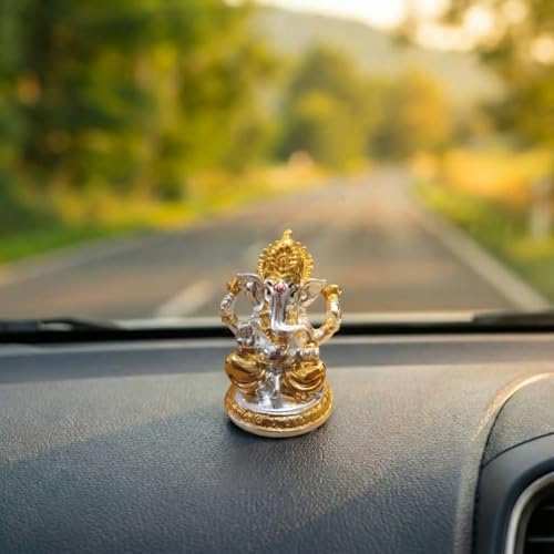 Image of Gold Plated Ganesh Idol | Ganpati Murti for Car Dashboard, Office Desk, Hindu God Gift & Home Decor - Resin (Silver - 2.5 in)
