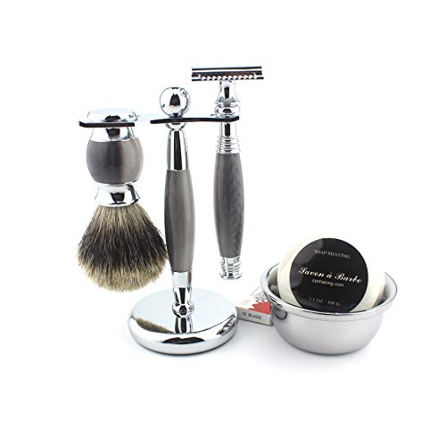 Shaving Gift Kit for Men,Yunlep Luxury Grooming Wet Shaving Set Including Razor with 10 Replacement Blades,Chrome Stand,Bowl,Shaving Soap,Shaving Brush (Gray)