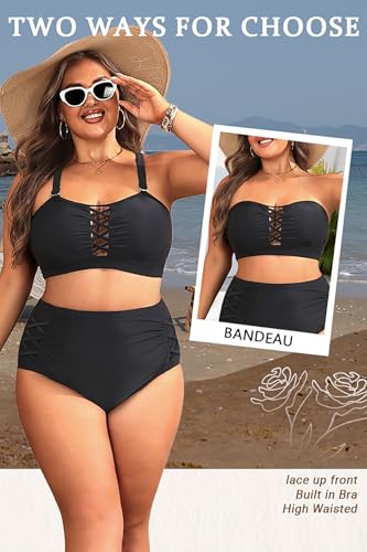 Daci Women Black Plus Size Two Piece Swimsuit - High Waisted Bikini Tummy Control Bathing Suit Bandeau Swimwear XXL