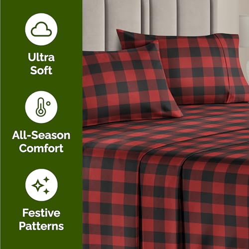 Cal King Christmas Buffalo Plaid Sheet Set - Holiday Xmas Pattern Bedding Set - Deep Pockets - Snug Fit - 4 Piece - Wrinkle Free - Comfy Festive Winter - Holiday Sheets for Women, Men, Kids & Teens