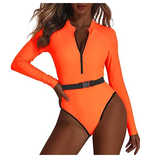 Zando 80s 90s Outfit for Women Orange Swimsuits for Women Neon Swimsuit for Women High Cut One Piece Swimsuit Long Sleeve Swimsuits for Women Sexy One Piece Bathing Suit for Women Orange 12-14