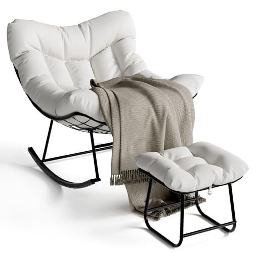 Acekool Silla mecedora de gran tamaño con reposapiés para exteriores, con forma de huevo con cojín grueso, mecedora para exterior/interior, para salón, jardín o terraza