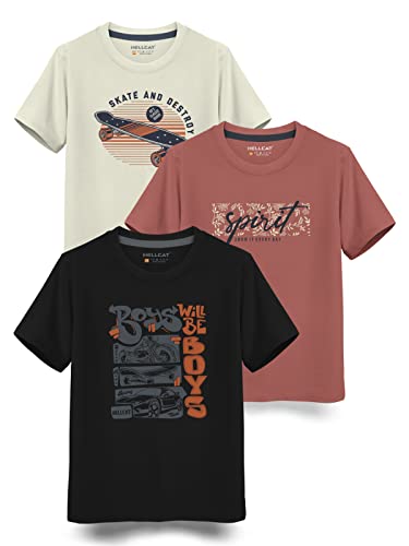 Image of HELLCAT Boys Round Neck Printed Blended Cotton Tshirt -Combo Pack of 2 - Orange /Blue