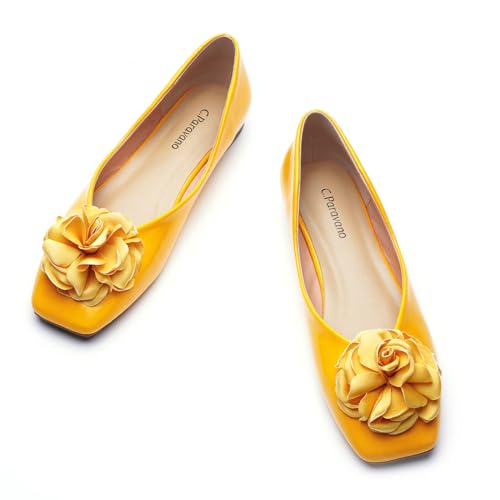 Image of C.Paravano Ballet Flats for Women | Women's Flats | Square Toe | Slip On Dress Shoes | Satin Flower Shoes