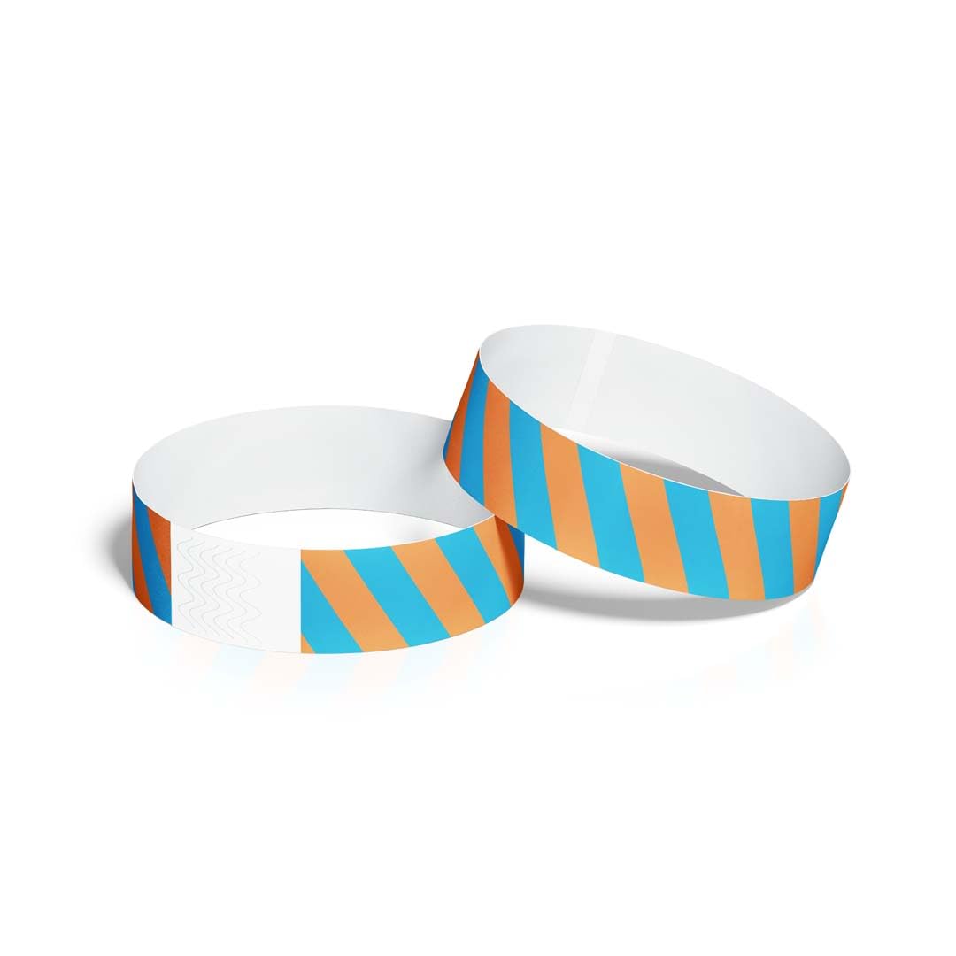 ID&C Striped Tyvek Paper Event Wristbands – 100 Numbered Tamper Proof Security Wristbands for Events, Festivals & Event Entry – Neon Blue and Neon Orange Stripe