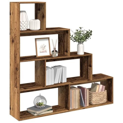 Holamys Estantería divisoria de 4 niveles, aspecto de madera envejecida, 143,5 x 29 x 143,5 cm, organizador versátil para sala de estar y oficina, cubos de almacenamiento con alta capacidad de carga