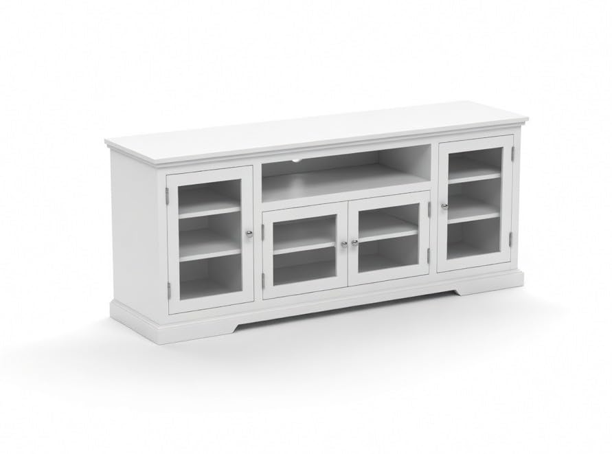 Image of Sheesham Solid Wood TV Cabinet for Living Room | Handcrafted Wooden TV Unit with Storage | Elegant Entertainment Stand for Modern Homes (Glass Tv Cabinet, White)