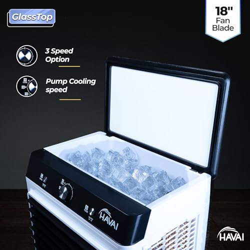 Image of HAVAI Premium Glass Top GT 18 Air Cooler | 90L Tank Capacity | 18 inch Fan Blade | 250W Power | 75ft Air Throw | 3-Side Honeycomb Cooling | Sleek Glass Top Design | 4 Castor Wheels
