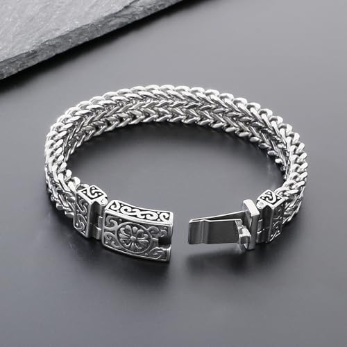 Men's 316 Stainless Steel Gothic Viking Bracelet - Flower & Cross Carved, Large Franco Textured Chain2
