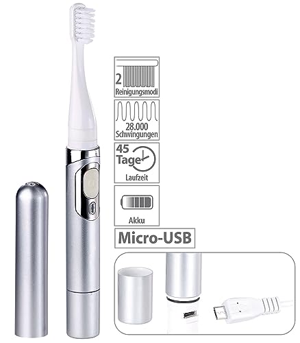 newgen medicals Zahnbürsten: 2er-Set USB-Akku-Reise-Schallzahnbürste 28.000 RpM, IPX7, Timer (Elektrische Zahnbürsten, Elektrische Schall-Zahnbürste, Aufsteckbürsten) – Bild 4