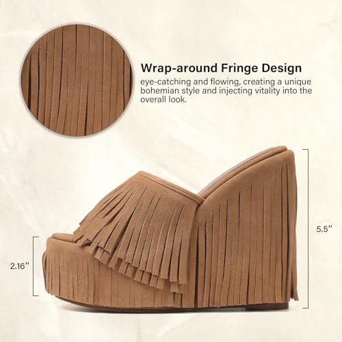 CYNLLIO Fringe Platform Sandals Women Dressy Wedge Heels Summer Boho Shoes Slip on Open Toe Slides Tassels Beach Slippers4