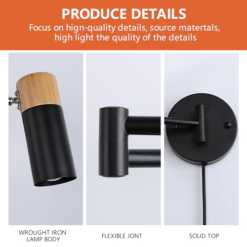 Image of SUNLLOK Modern Black Swing Arm Plug in Wall Sconce - Industrial Adjustable Wood Ceiling Hanging Wall Light Fixture - Indoor Rustic Reading Wall Mounted Lamp Decoration for Living Room Kids Bedroom