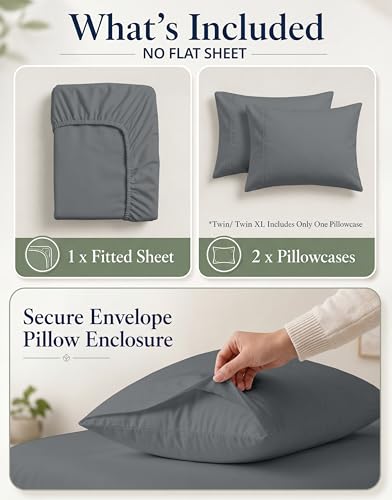 Image of LANE LINEN King Size Fitted Sheet, 100% Organic Cotton, 3-Piece Set (1 Fitted Sheet,2 Pillowcases), Percale Weave, Ultra Soft, Breathable,Fits Mattress Upto 15 inch Deep - Charcoal (No Flat Sheet)