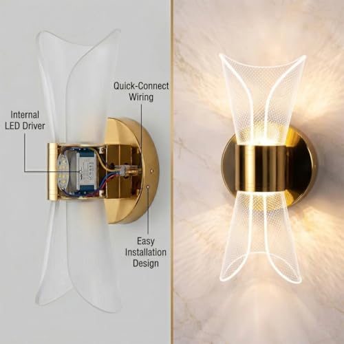 Image of fizzytech Crystal Aura LED Wall Light, Gold Finish Decorative Wall Lamp with 3 Colour Changing Modes for Living Room, Bedroom, Hallway & Home Decor