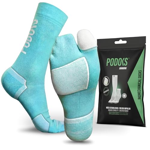 PODOKS® Calcetines Running Hombre y Mujer | Compresión deportiva y almohadillado estratégico | Alivia Fascitis Plantar | Sirve para Padel, Crossfit y más (FR/ES, Letras, S, Regular, Alto, 1, Aqua)