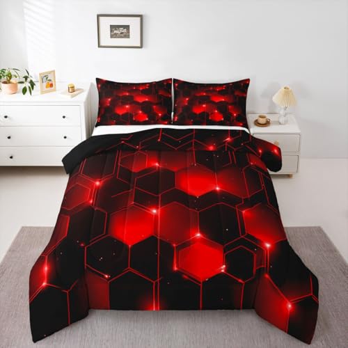 Image of Feelyou Honeycomb Bedding Set Full Size, Beehive Geometric Black Red Comforter Set Geometrical Comforter for Kids Boys Girls Teens Geometric Honeycomb Duvet Set Durable Quilt Set Full Size