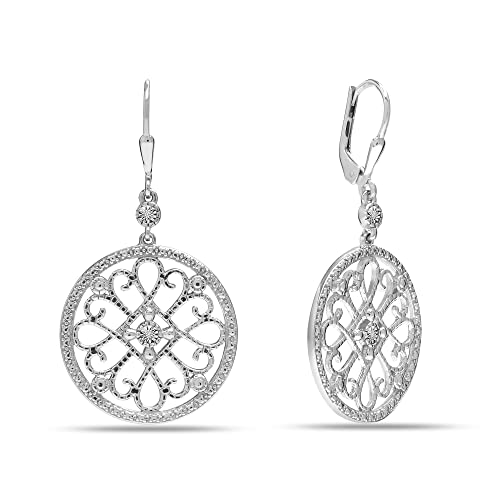 LeCalla 925 Sterling Silver Drop Earrings | Openwork Round Large Jewelry | 0.03 Carat Lab Grown Diamond Leverback Drop Dangle Earrings for Women - 45MM