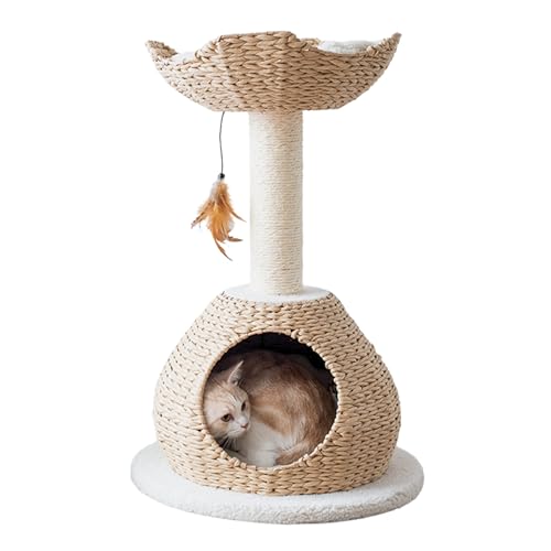 Petpals 28' High 2 Level Handwoven Paper Rope Nest Cat Bed and Large Handwoven Basket Hideaway with Washable Cushions,Replacement Natural Sisal Scratching Post for Indoor Cats