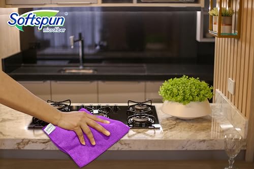 Image of SOFTSPUN Microfiber Cleaning Cloths, 50X50 cms 5pcs Towel Set 340 GSM Purple! Highly Absorbent Lint and Streak Free Multipurpose Wash Cloth for Kitchen Car Window Stainless Steel Silverware.