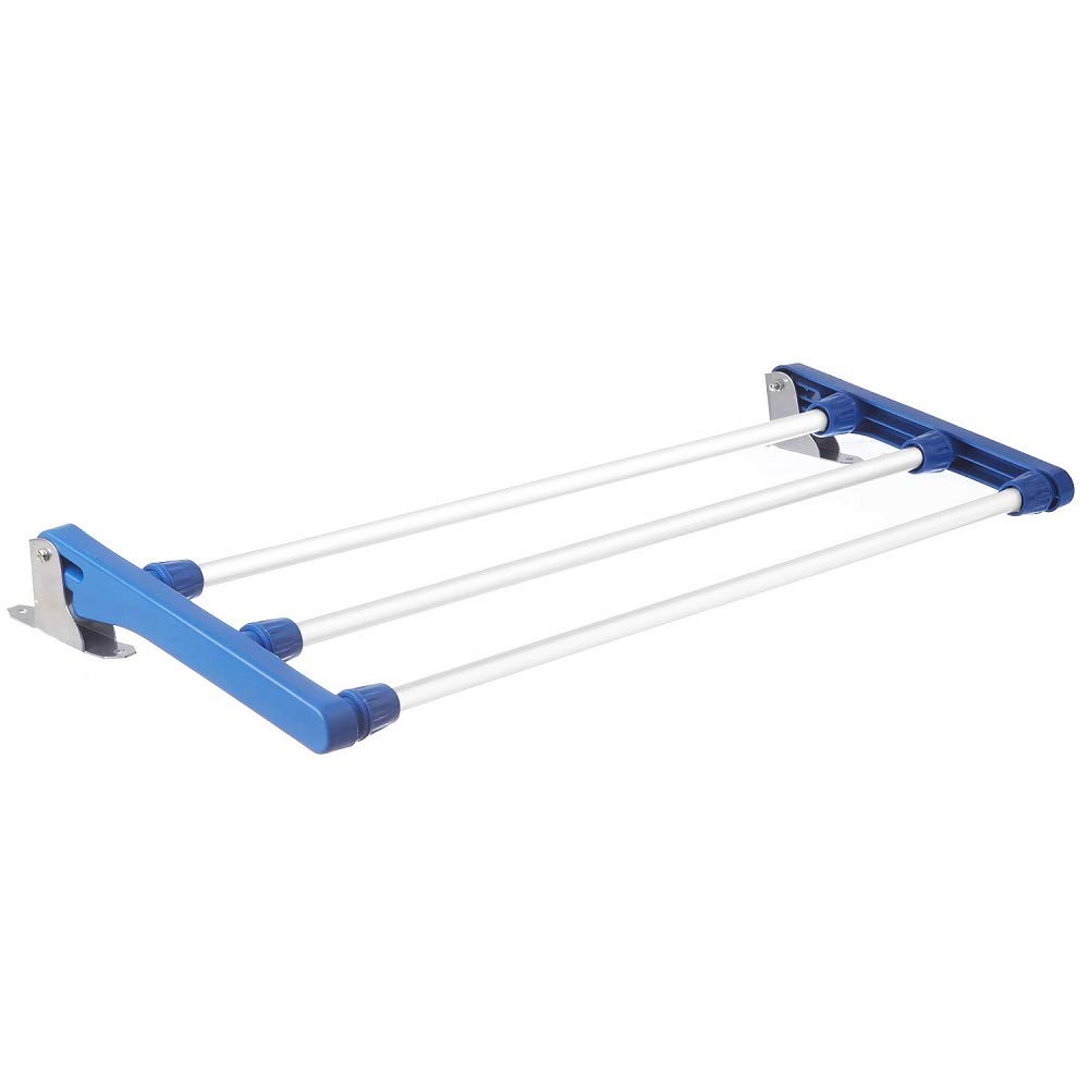 Dhani CreationsMild Steel Wall Mounted Foldable Drying Rack,Drying Stand, Folding Clothes Towels Dryer Stand Hanging on The Door Bathroom 3 Pipe X 2 Feet/24 inches (Blue) (2 feet 8 inches)