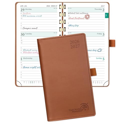 POPRUN Pocket Planner 2026-2027 (Slim Size 3.5'' x 6.5'') Academic Purse Calendar (July 2026 - June 2027) with Hourly Time Slots, 100GSM Thick Paper, Spiral Soft Cover - Brown