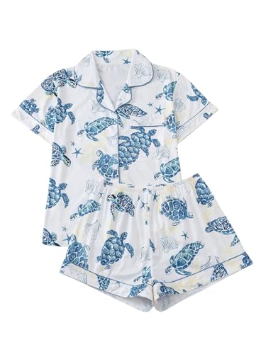 WDIRARA Women's 2 Piece Sea Turtle Graphic Pajama Set Button Down Short Sleeve Shorts Loungewear Pjs Sets