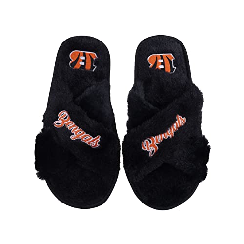 FOCO Women's NFL Team Logo Cross Band Soft Plush Furry Cozy Open Toe House Shoes Slippers, Cincinnati Bengals, X-Large 11-12