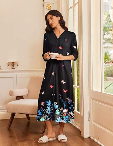 Ekouaer Women's Zipper Robe 3/4 Sleeves Housecoat Full Length Nightgown Soft Loungewear Robe with Pockets S-3XL2