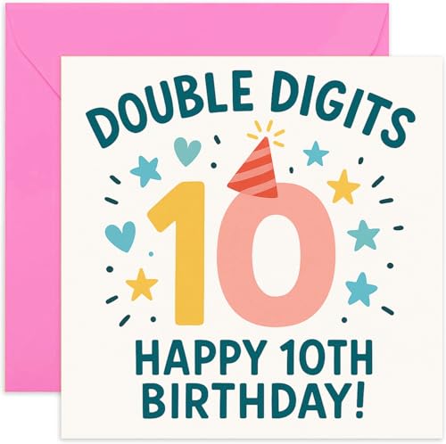 10th Birthday Card For Her - Double Digits Design - Illustrated Card With Hearts And Stars - Playful And Child-Friendly - Blank Inside With Envelope