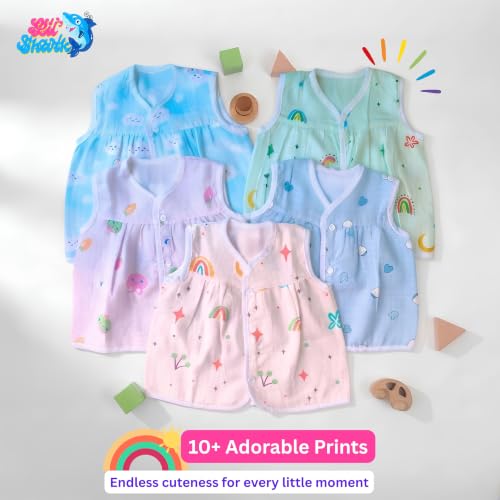 Image of Lil' Shark Muslin Cotton Frock Jhabla Set for Newborn Baby Girls | Sleeveless Vests | Summer Baby Dress 0-12 Months | Breathable Clothes | Assorted Prints