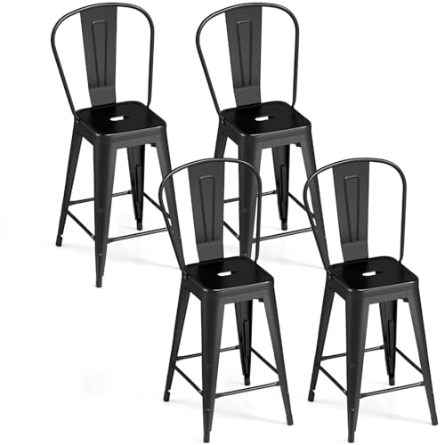 COSTWAY 24 Inch Stackable Metal Bar Stools Set of 4 with High Backs Black
