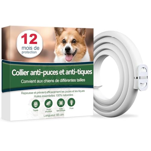 Collier Anti Puces pour Chien, 12 Mois De Protection Efficace, Collier Anti Tique Chien 65cm, Réglable Et Étanche, Convient Aux Chiens De Toutes Tailles