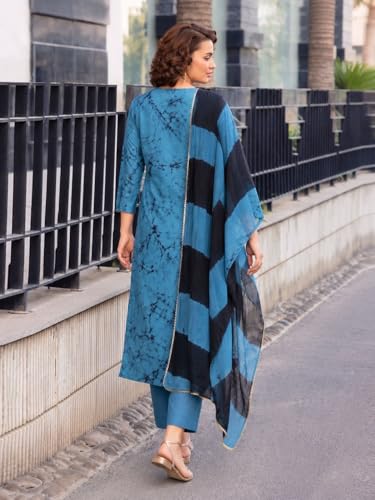 Image of ANNI Designer Kurta Sets for Women Cotton Blend Printed | Kurti Set for Woman | Kurta Pant Dupatta Set | 3 Piece Set Women | Straight Kurti | V Neck 3 /4 Sleeve Suit Set Stylish Ethnic Outfit Clothing