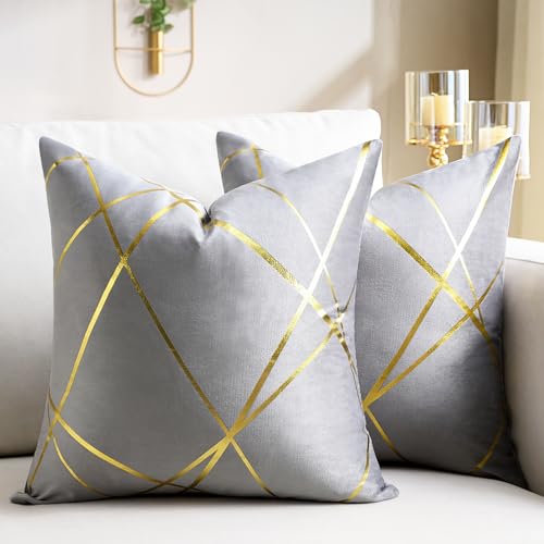 DecorMommt Housse de Coussin 40x40 Cm Velours Coussin Gris Décoratifs Housses d'oreiller Lignes Dorées Géométrie Coussin Salon Chambre Banc Taie Coussin...