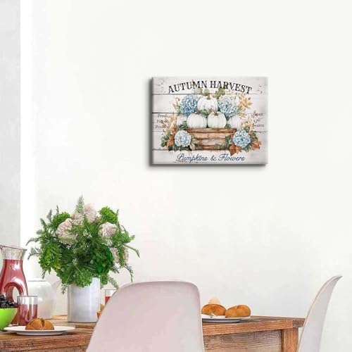 Image of Fall Canvas Wall Art Farmhouse Pumpkins Hydrangea Wall Decor for Kitchen Dining Room Autumn Harvest Poster Canvas Prints Vintage Rustic Floral Painting Artwork Holiday Home Decorations 12x16 inch Gifts