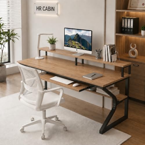 Image of TEKAVO Plik Computer Table for Home Pc | Office Table for Home | Shelf, Moniter Riser & Keyboard Tray, Laptop Table, Worktable, Study Table, Workstation | Forest (150 Cm x 60 Cm) DIY