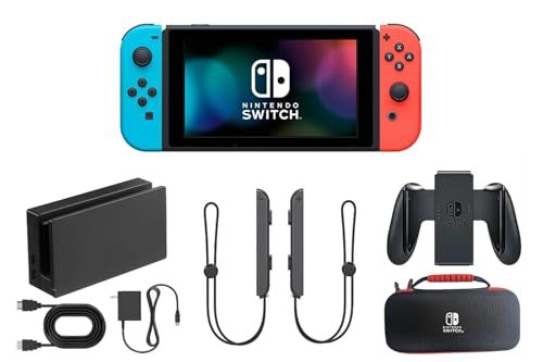 Nintendo Switch Console Bundle – Neon Blue & Red Joy-Cons, Dock, Controller Grip, Carrying Case,...