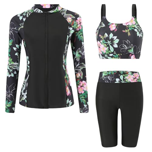 Ausing - Bañador de 3 piezas para mujer, protección solar, conjunto Rashguard de manga larga + pantalones cortos y tankini surf playa, Negro+Rosa, M