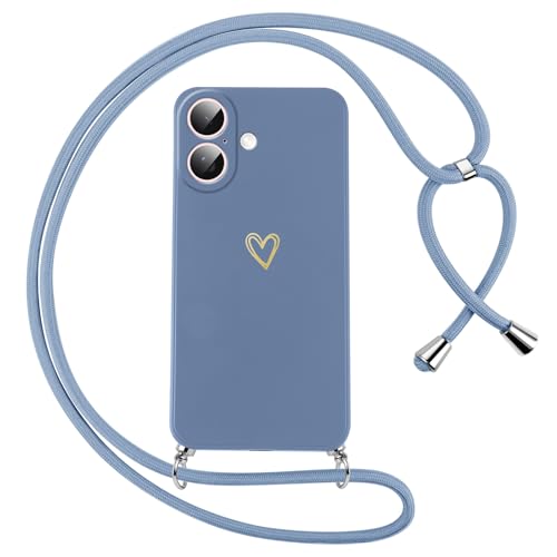 Oelrstfe Coque pour iPhone 16 Plus avec Cordon de Collier Étui Housse Souple Silicone avec Motif Coeur et Portable Lanyard Réglable Antichoc Anti-Chute Bandoulière...