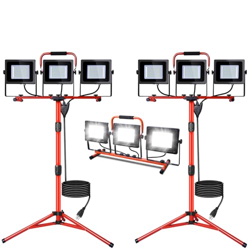 LEDMO 30000LM LED Work Lights with Stand 3 Adjustable Head Led Work Shop Flood Lights Indoor and Outdoor 150W 6000K Portable Tripod IP65 Waterproof 10Ft Power Cord for Job Stie,Yard,Garage 2 Pack