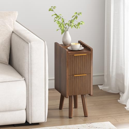 Image of 7.9 inch Narrow Fluted Nightstand Set of 2, 20.6 inch H Small Side Table, Walnut