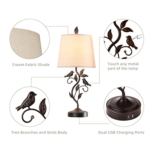Set Of 2 Touch Control Living Room Table Lamps With 2 Usb Ports, Vintage Nightstand Lamp, 3-Way Dimmable Desk Lamp With Cream Shade, Rustic Iron Leaf Lamp For Bedroom Office, Led Bulb Included #TOP4