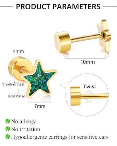 Screw Back Earrings for GirIs Women 12Pack, Hypoallergenic 14K Gold-plated Star Heart Surgical Steel Stud Earrings Flat Back Earrings Hypoallergenic for Sensitive Ears Screw on Back Earring Jewelry Gift