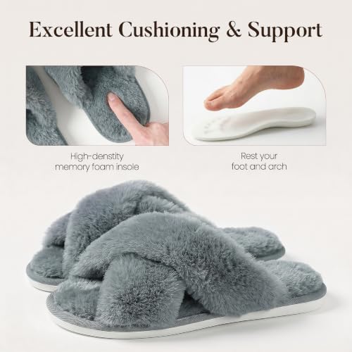 Image of Ankis Women's Fuzzy Slippers Cross Band Memory Foam Open Toe Comfy Soft House Shoes Anti-Slip Indoor Outdoor Gifts for Women