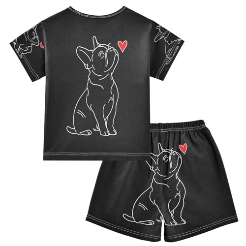 ALAZA Cute Bulldog Black Heart Pajamas Set Short Sleeve Cotton Sleepwear Summer Pjs 2 Piece 5-14Y2