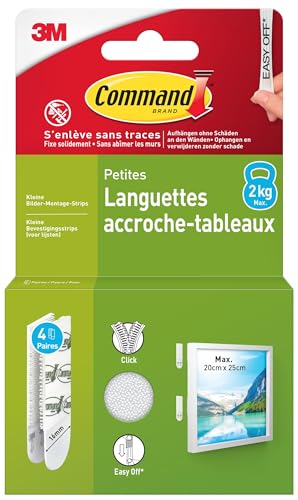 Command Languettes Accroches Tableaux Petit Modèle - 4 Paires (8 Languettes) Blanc - Supporte jusqu'à 2 kg - Sans Outils - Fixation sans Dommages