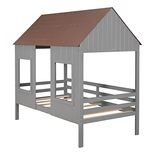 Twin House Bed For Kids,Low Loft Bed Frames Twin Size,Wood Toddler House Bed With Two Front Windows And Roof For Kids/Teens/Girls/Boys, Antique Gray +Normal Gray #TOP3