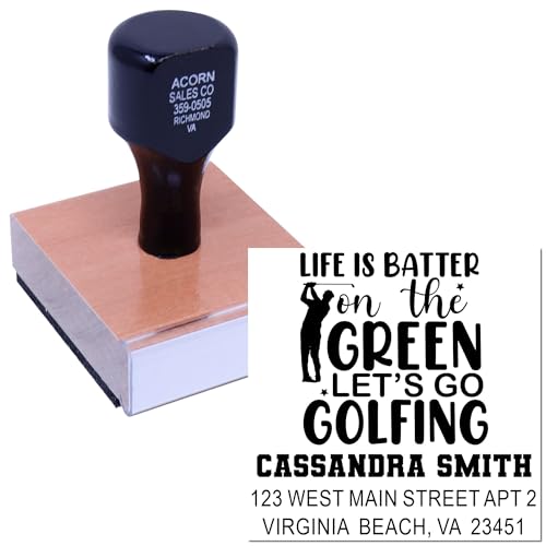 Image of Golf Statement Wood Handle Address Stamp - Square Imprint Address Mark | Any standard pad works. Personalized Golf Stamp. Traditional Rubber Stamp. 3 lines of custom text. Classic hand stamp.